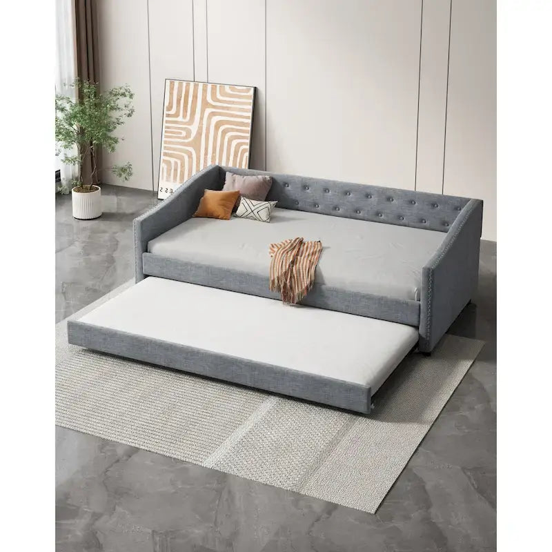Pikowana sofa leżanka z szufladami do przechowywania i falistymi podłokietnikami