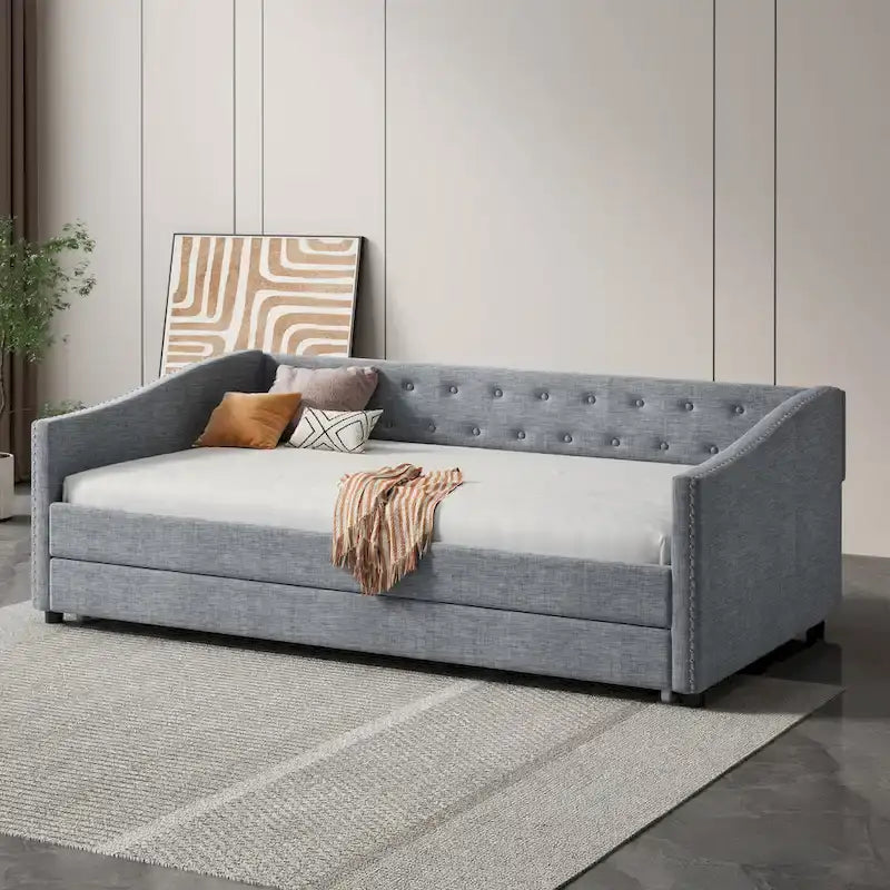 Pikowana sofa leżanka z szufladami do przechowywania i falistymi podłokietnikami