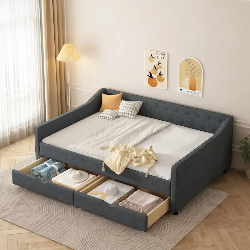 Divano letto capitonné con cassetti contenitore e braccioli ondulati