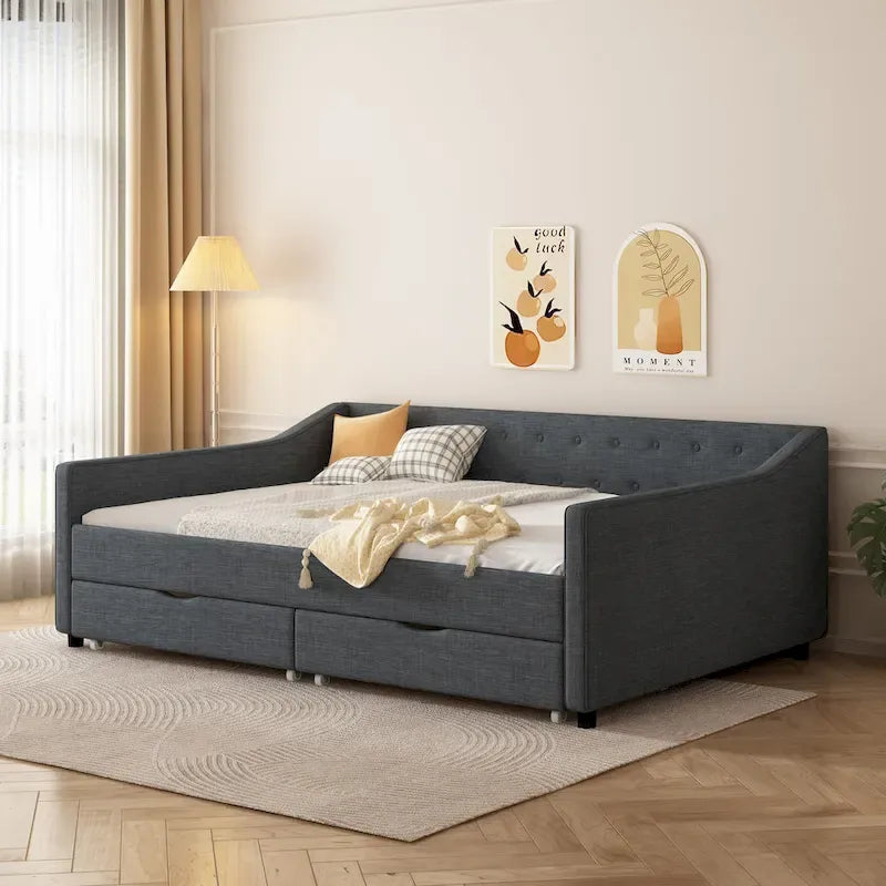 Divano letto capitonné con cassetti contenitore e braccioli ondulati