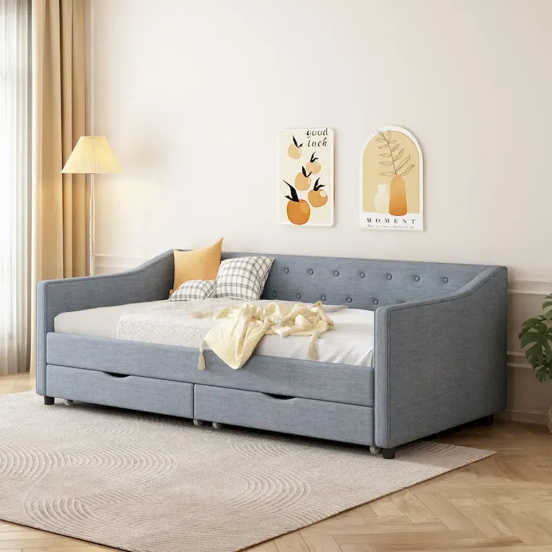Divano letto capitonné con cassetti contenitore e braccioli ondulati