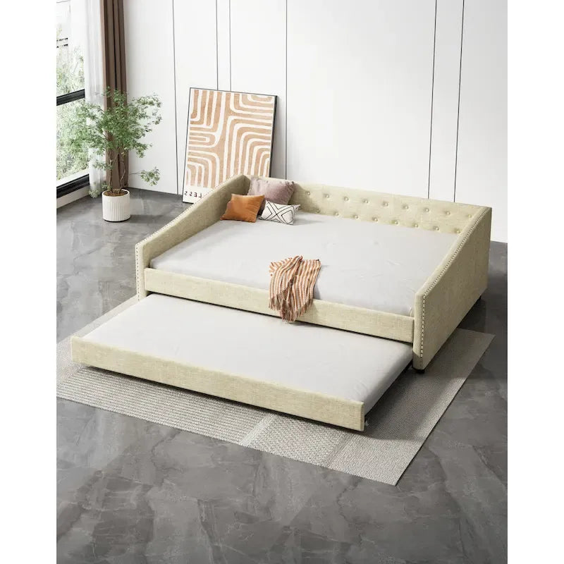 Divano letto capitonné con cassetti contenitore e braccioli ondulati