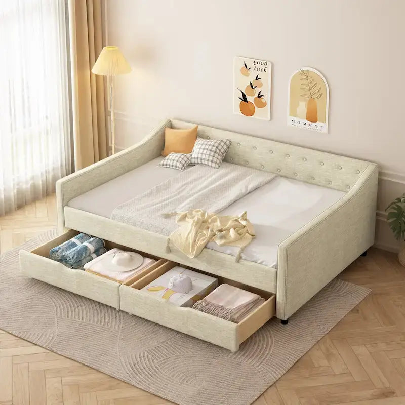 Divano letto capitonné con cassetti contenitore e braccioli ondulati