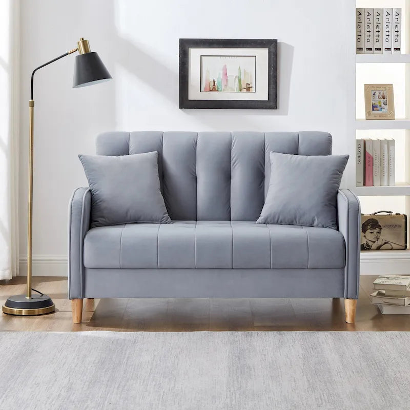 Velvet Tufted Loveseat Sofa with Solid Wood Frame & Natural Wood Legs