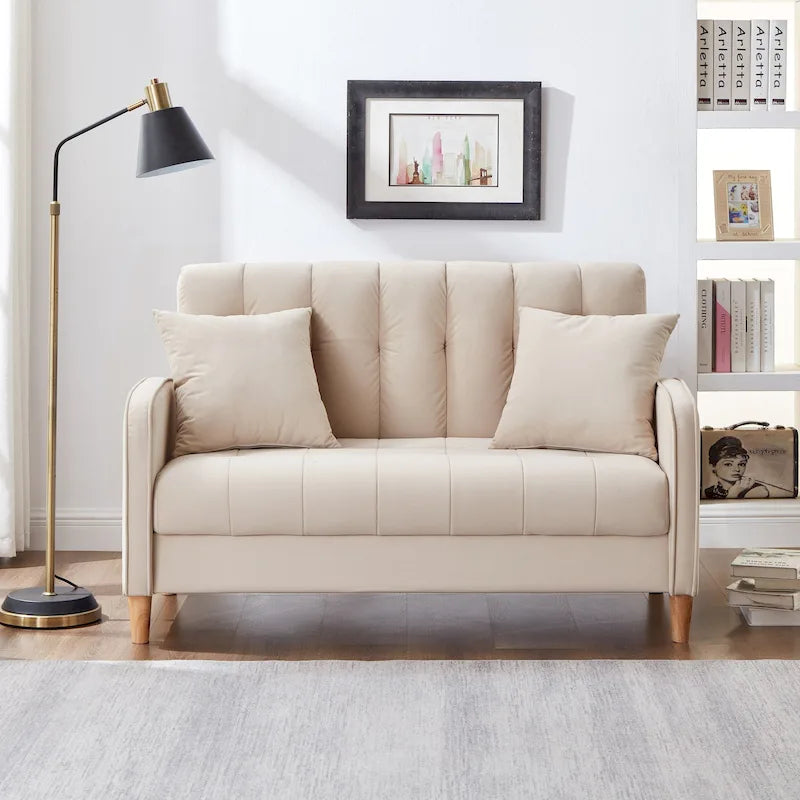 Velvet Tufted Loveseat Sofa with Solid Wood Frame & Natural Wood Legs