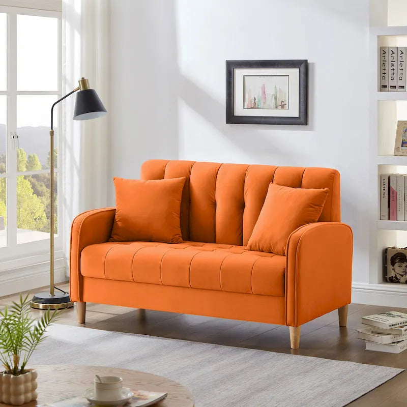 Velvet Tufted Loveseat Sofa with Solid Wood Frame & Natural Wood Legs