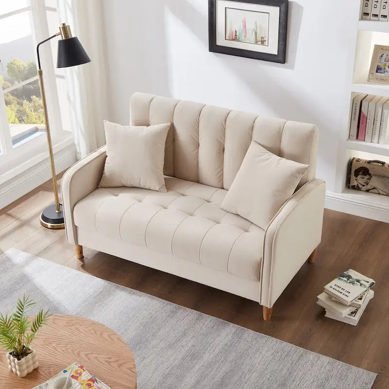 Fluwelen loveseatbank met capitonnage, massief houten frame en poten van natuurlijk hout