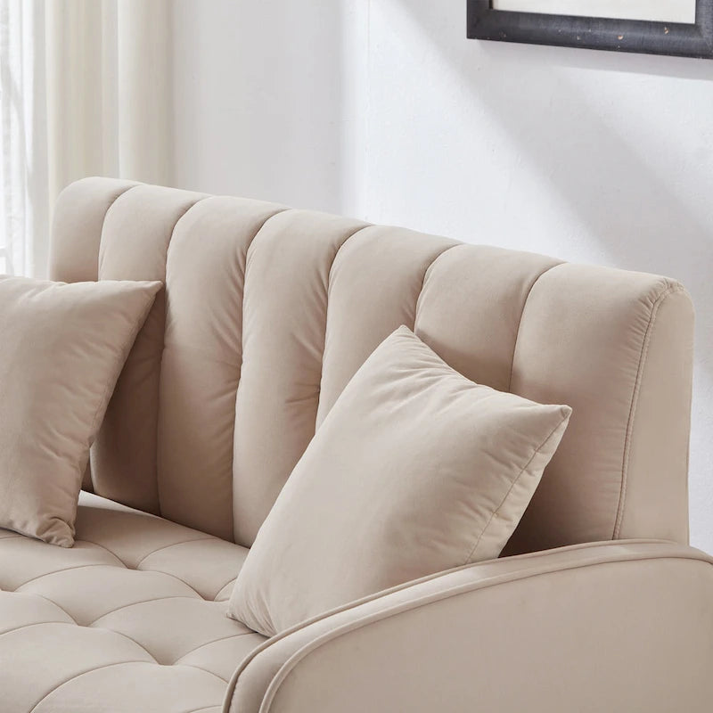 Fluwelen loveseatbank met capitonnage, massief houten frame en poten van natuurlijk hout