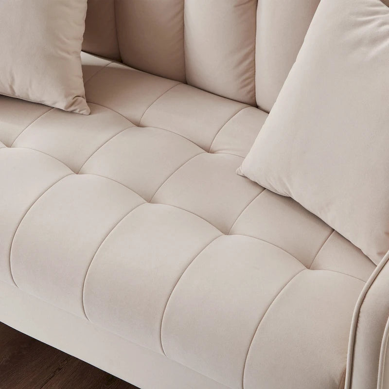 Fluwelen loveseatbank met capitonnage, massief houten frame en poten van natuurlijk hout