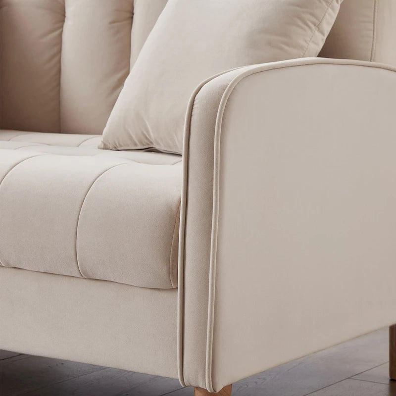 Fluwelen loveseatbank met capitonnage, massief houten frame en poten van natuurlijk hout