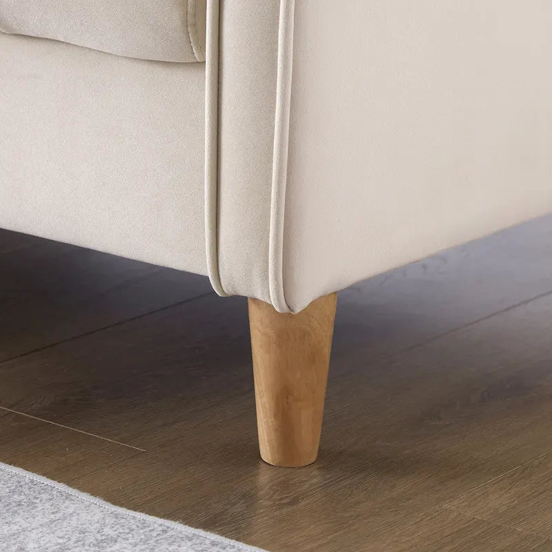 Fluwelen loveseatbank met capitonnage, massief houten frame en poten van natuurlijk hout