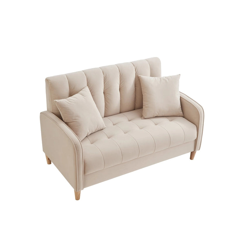 Fluwelen loveseatbank met capitonnage, massief houten frame en poten van natuurlijk hout