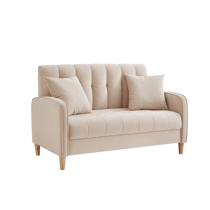 Fluwelen loveseatbank met capitonnage, massief houten frame en poten van natuurlijk hout