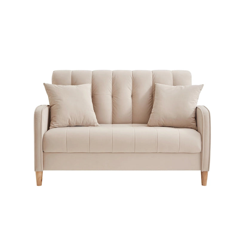 Fluwelen loveseatbank met capitonnage, massief houten frame en poten van natuurlijk hout
