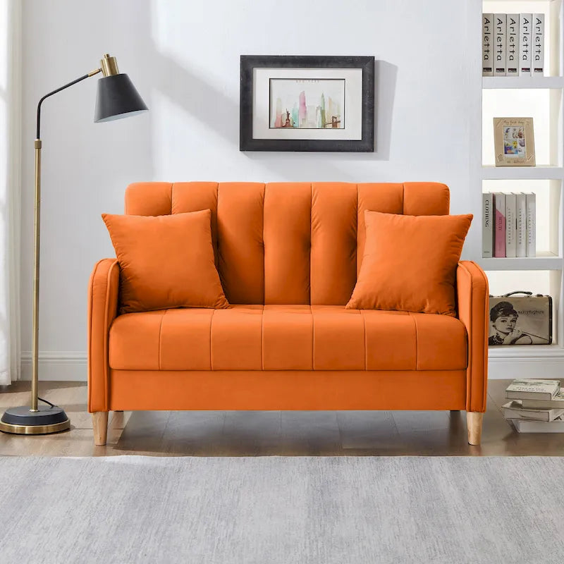 Fluwelen loveseatbank met capitonnage, massief houten frame en poten van natuurlijk hout