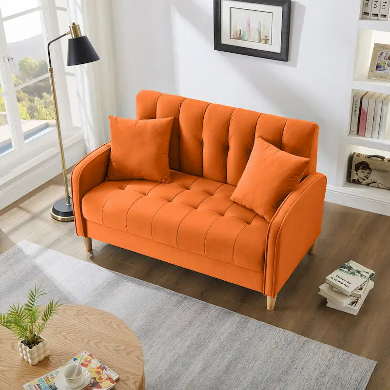 Fluwelen loveseatbank met capitonnage, massief houten frame en poten van natuurlijk hout