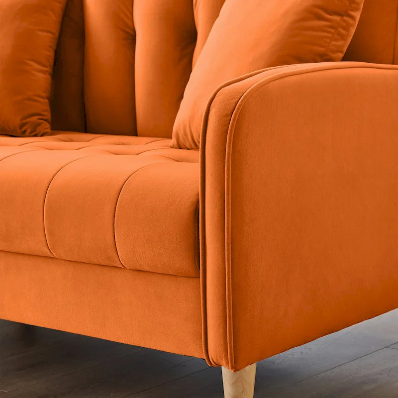 Fluwelen loveseatbank met capitonnage, massief houten frame en poten van natuurlijk hout