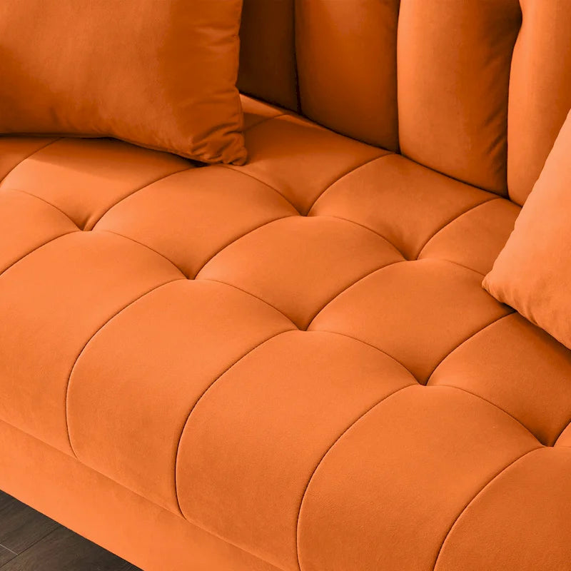 Fluwelen loveseatbank met capitonnage, massief houten frame en poten van natuurlijk hout