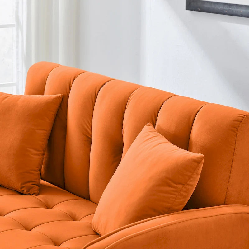 Fluwelen loveseatbank met capitonnage, massief houten frame en poten van natuurlijk hout