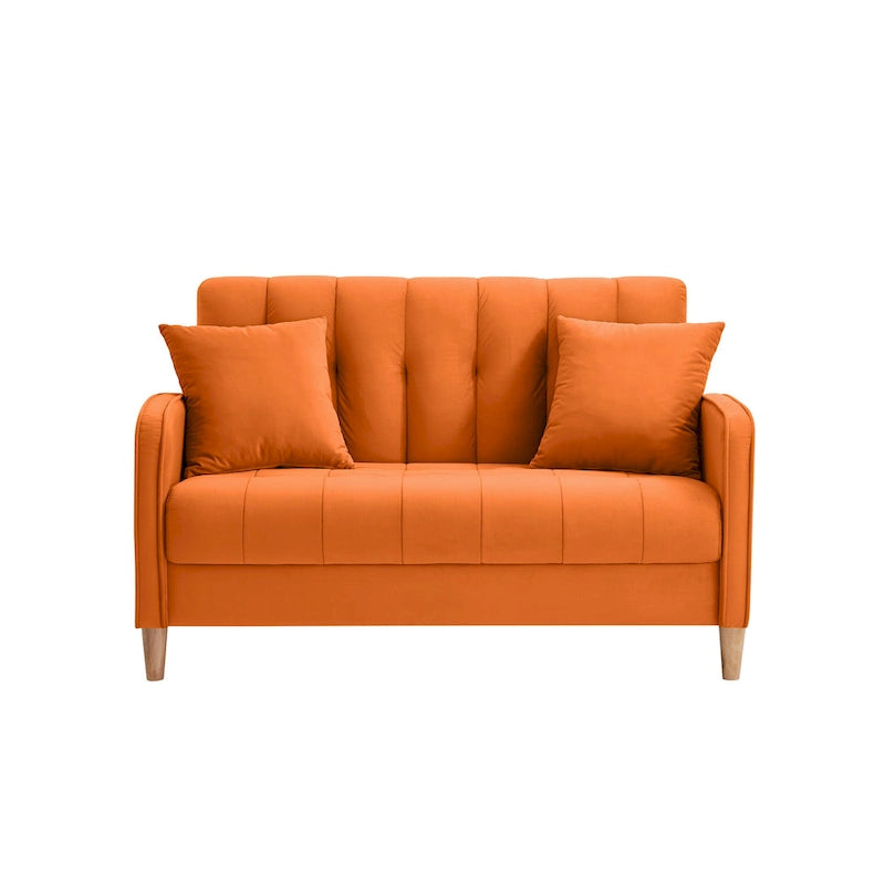 Fluwelen loveseatbank met capitonnage, massief houten frame en poten van natuurlijk hout