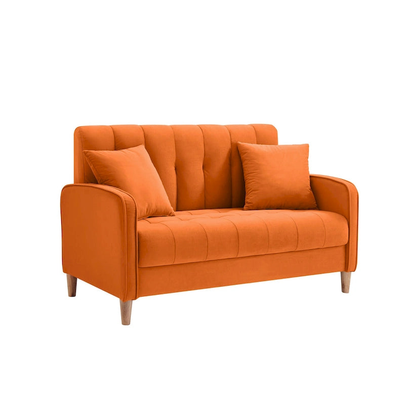 Fluwelen loveseatbank met capitonnage, massief houten frame en poten van natuurlijk hout