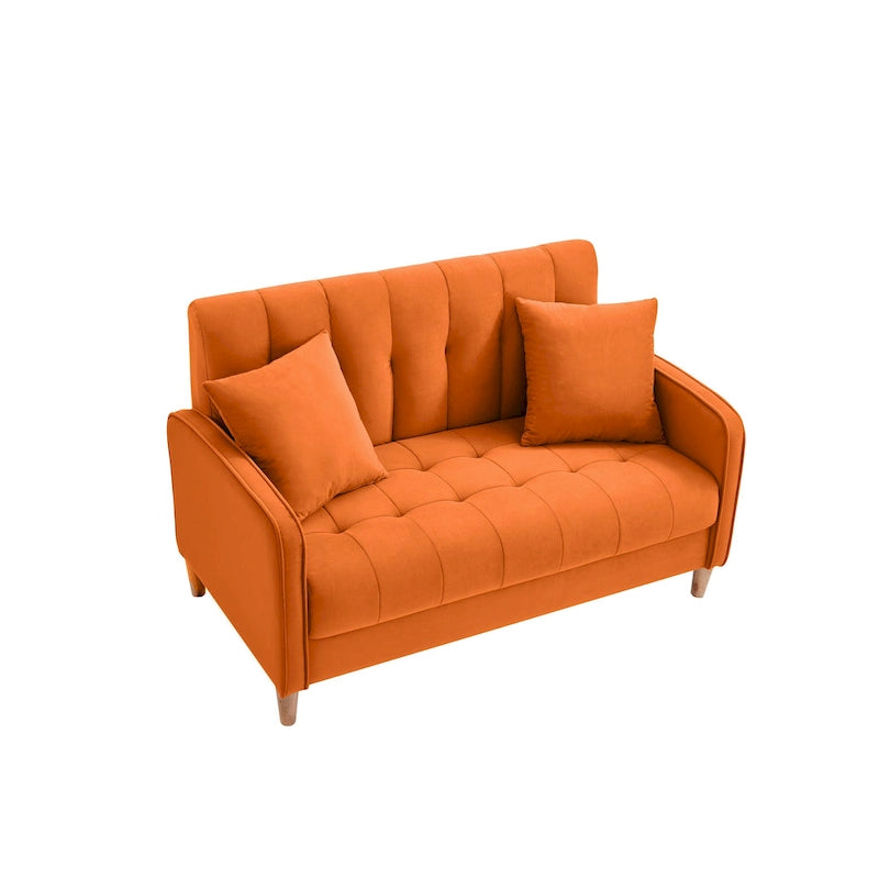Fluwelen loveseatbank met capitonnage, massief houten frame en poten van natuurlijk hout