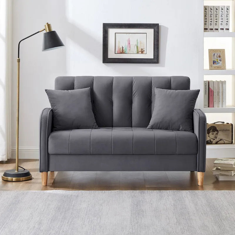 Fluwelen loveseatbank met capitonnage, massief houten frame en poten van natuurlijk hout