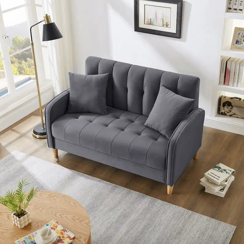 Fluwelen loveseatbank met capitonnage, massief houten frame en poten van natuurlijk hout