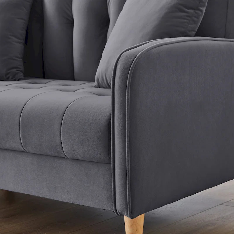 Fluwelen loveseatbank met capitonnage, massief houten frame en poten van natuurlijk hout