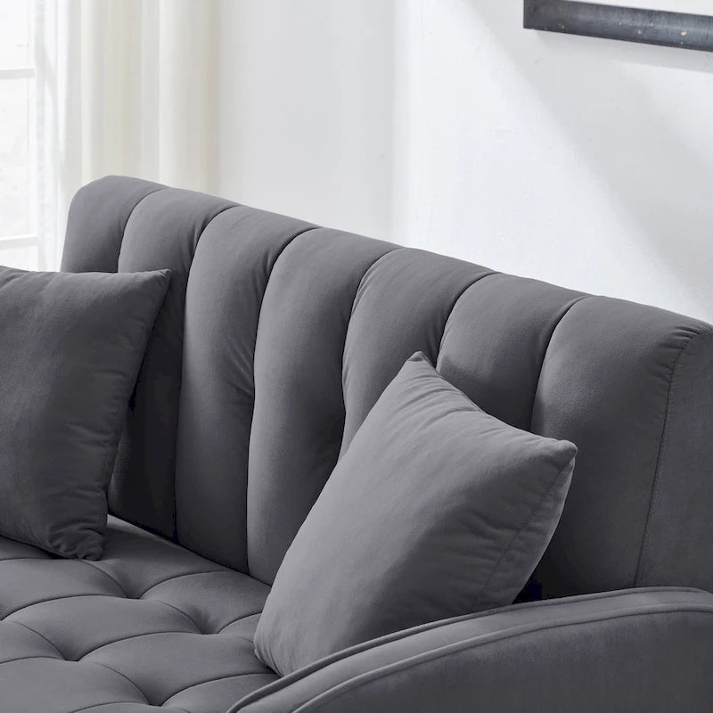 Fluwelen loveseatbank met capitonnage, massief houten frame en poten van natuurlijk hout