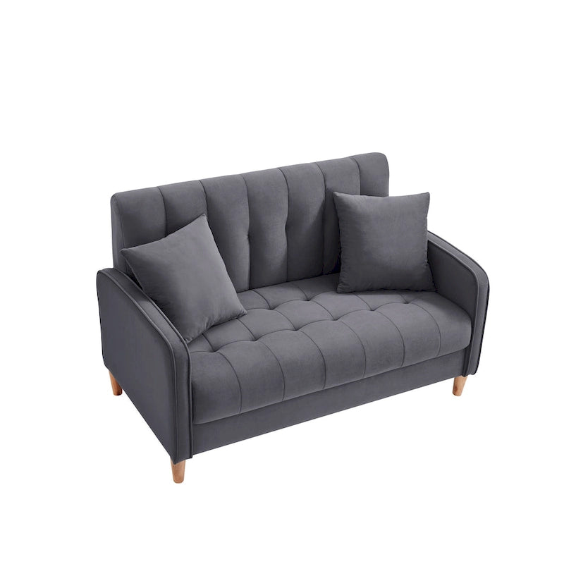 Fluwelen loveseatbank met capitonnage, massief houten frame en poten van natuurlijk hout