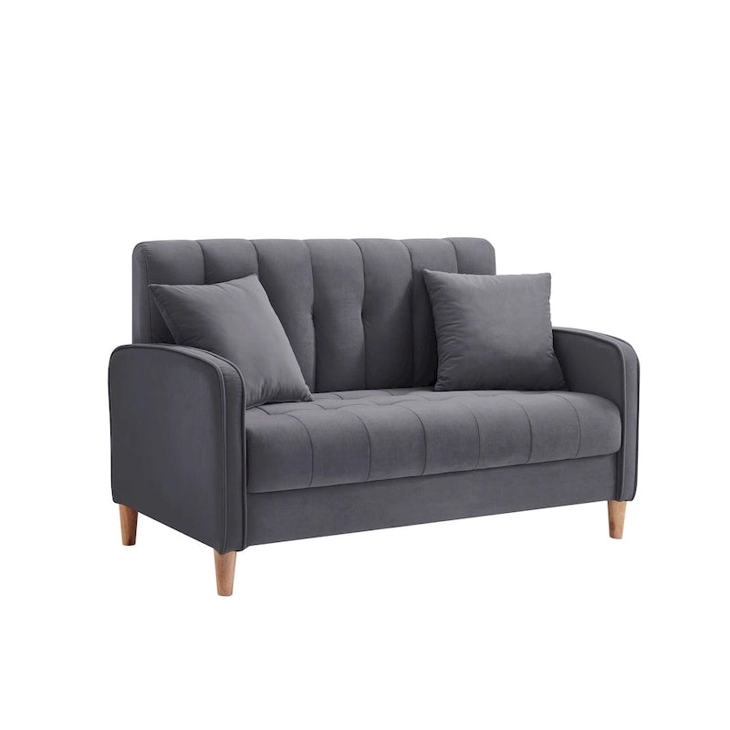 Fluwelen loveseatbank met capitonnage, massief houten frame en poten van natuurlijk hout