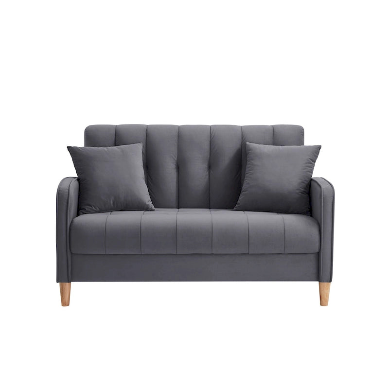Fluwelen loveseatbank met capitonnage, massief houten frame en poten van natuurlijk hout