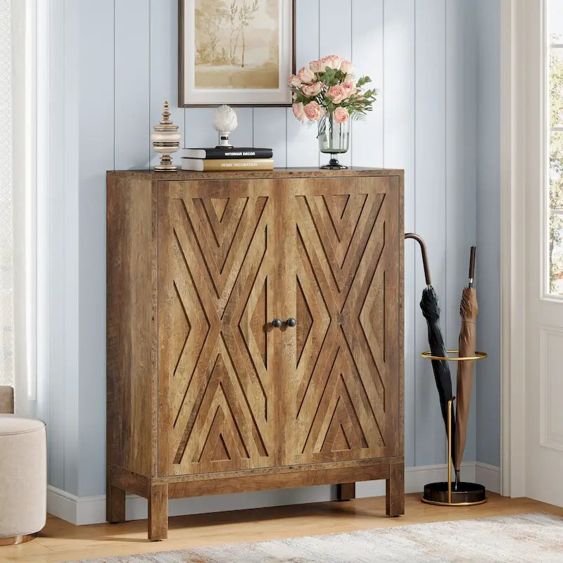 Meuble à chaussures à deux portes avec portes géométriques et étagères réglables