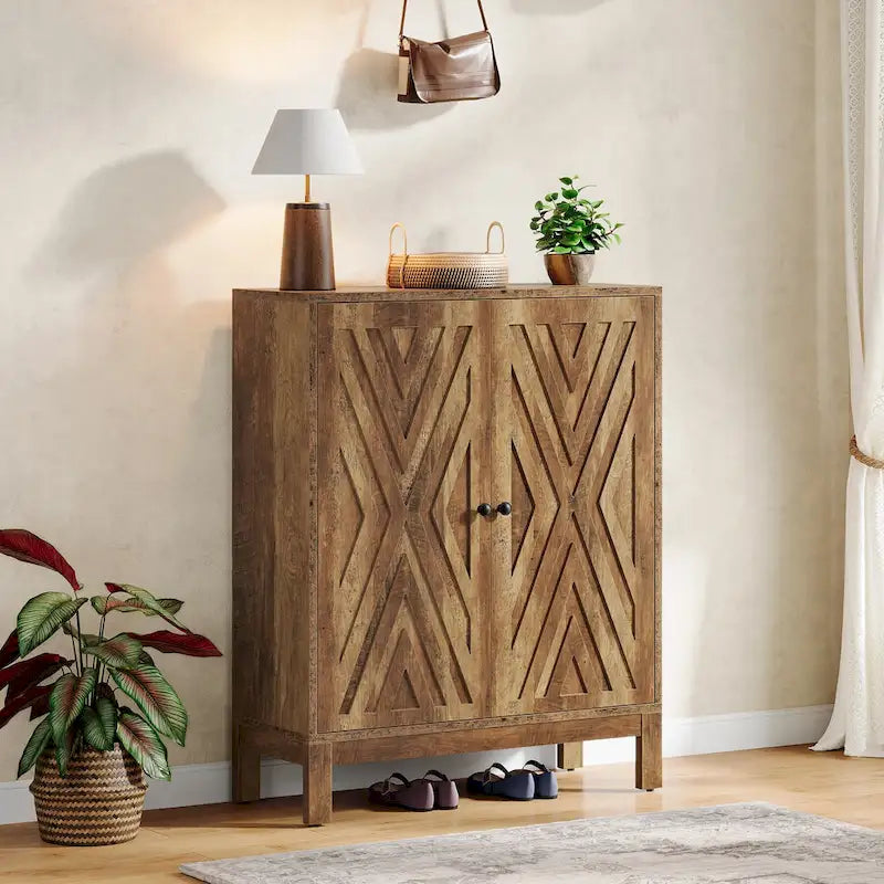 Meuble à chaussures à deux portes avec portes géométriques et étagères réglables