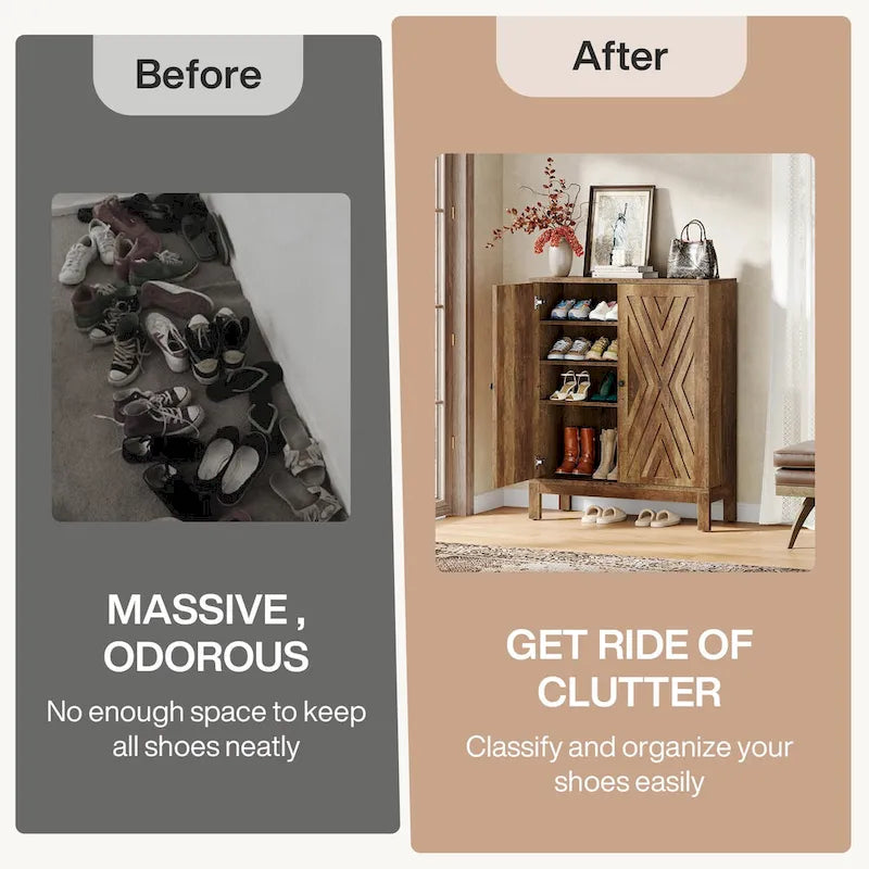 Meuble à chaussures à deux portes avec portes géométriques et étagères réglables