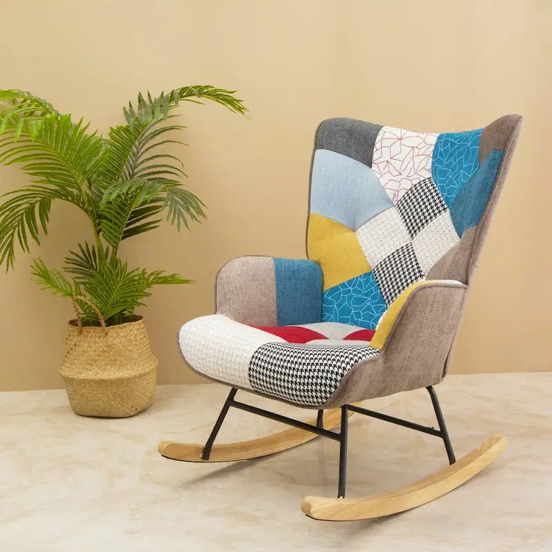 Mid-Century High Back Rocking Chair with Patchwork Linen Upholstery & Wood Legs