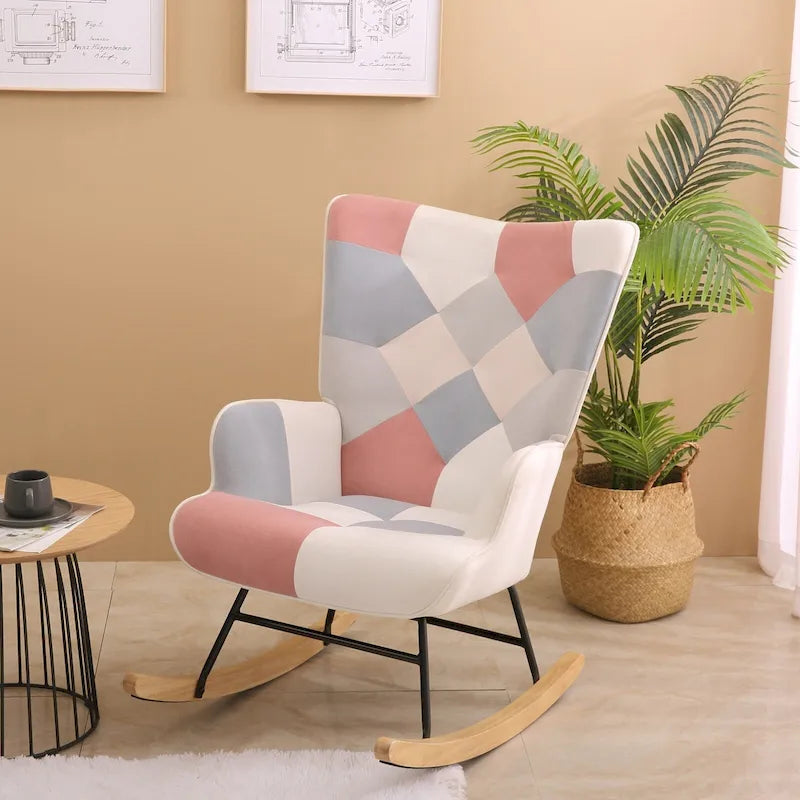 Mid-Century High Back Rocking Chair with Patchwork Linen Upholstery & Wood Legs