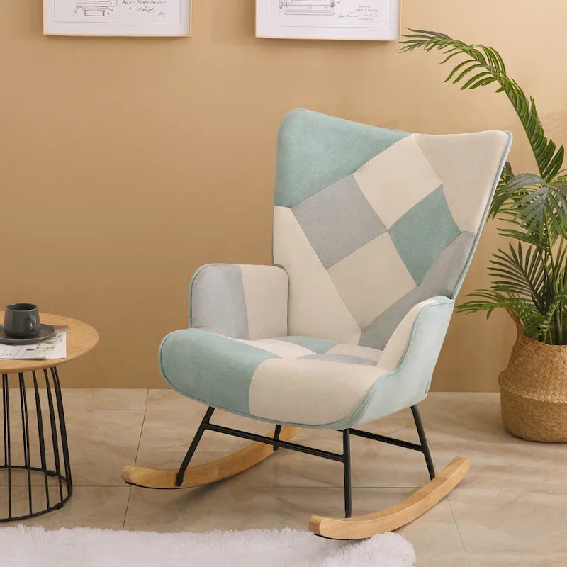 Mid-Century High Back Rocking Chair with Patchwork Linen Upholstery & Wood Legs
