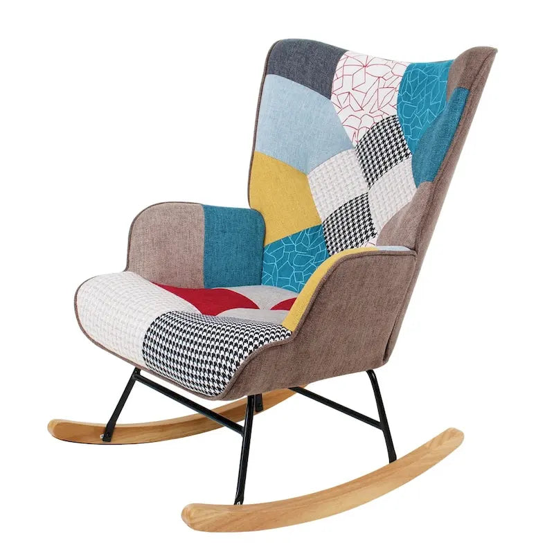 Poltrona a dondolo alta in stile mid-century con rivestimento in lino patchwork e gambe in legno