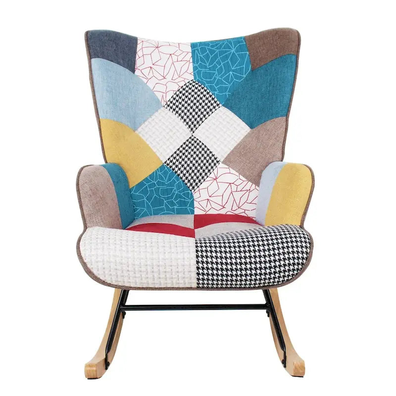 Poltrona a dondolo alta in stile mid-century con rivestimento in lino patchwork e gambe in legno