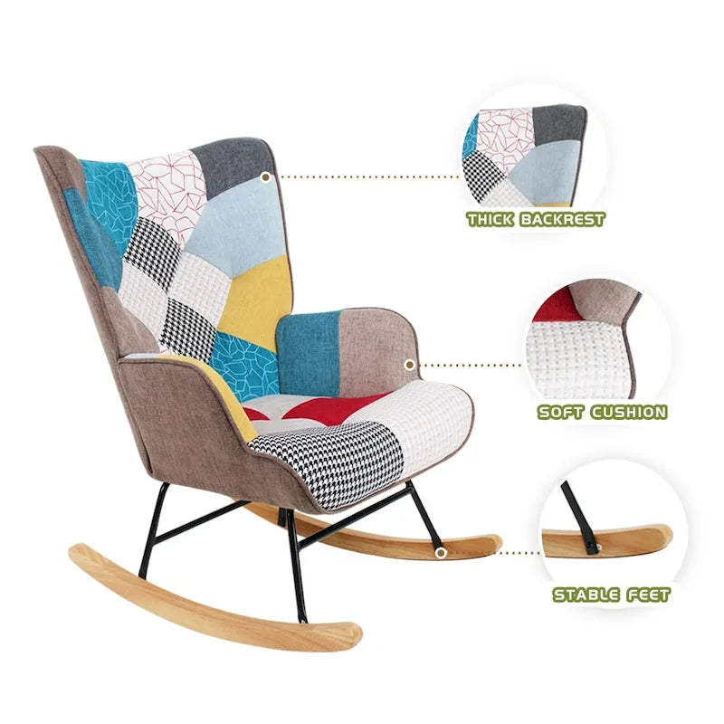 Poltrona a dondolo alta in stile mid-century con rivestimento in lino patchwork e gambe in legno