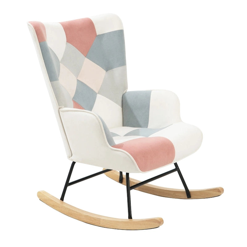 Poltrona a dondolo alta in stile mid-century con rivestimento in lino patchwork e gambe in legno