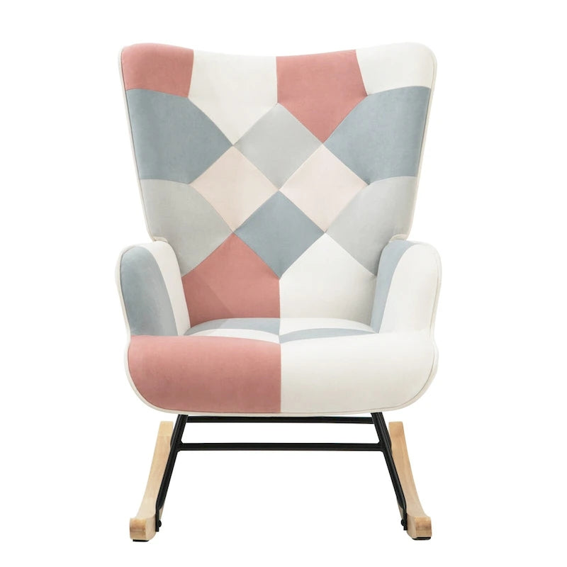 Poltrona a dondolo alta in stile mid-century con rivestimento in lino patchwork e gambe in legno