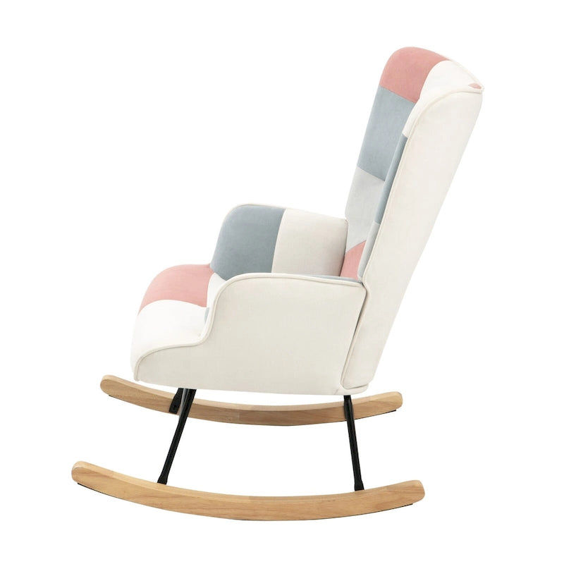 Poltrona a dondolo alta in stile mid-century con rivestimento in lino patchwork e gambe in legno