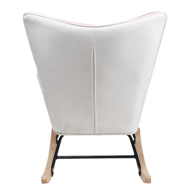 Poltrona a dondolo alta in stile mid-century con rivestimento in lino patchwork e gambe in legno