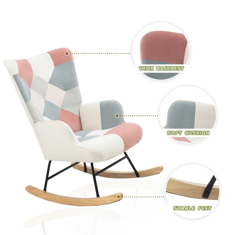 Poltrona a dondolo alta in stile mid-century con rivestimento in lino patchwork e gambe in legno