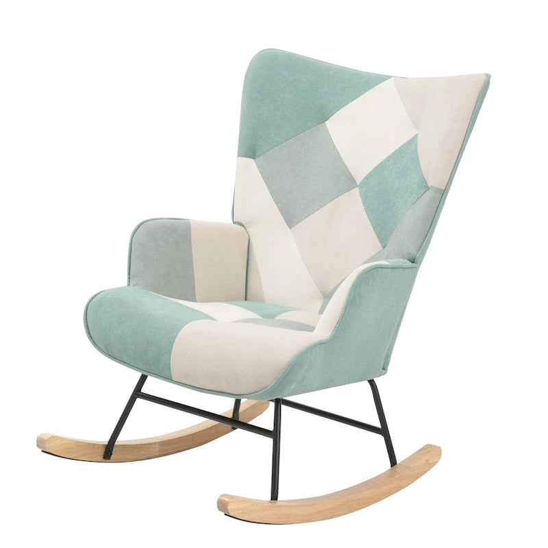 Poltrona a dondolo alta in stile mid-century con rivestimento in lino patchwork e gambe in legno