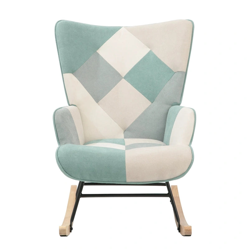 Poltrona a dondolo alta in stile mid-century con rivestimento in lino patchwork e gambe in legno