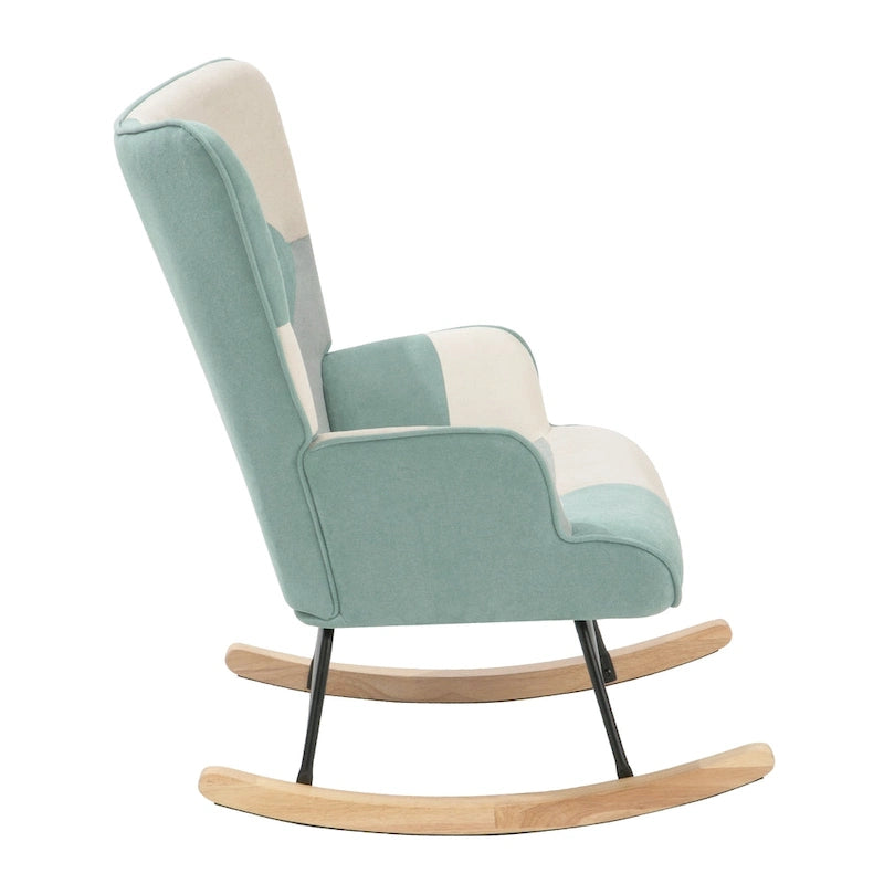 Poltrona a dondolo alta in stile mid-century con rivestimento in lino patchwork e gambe in legno